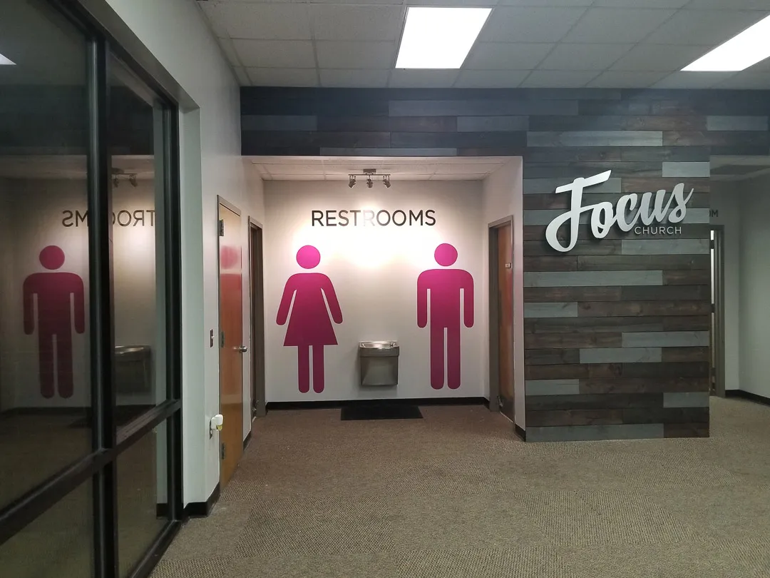 Restroom wall graphics and logo for Focus Church