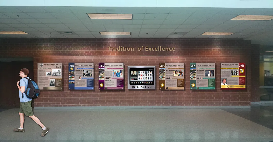 Hallway display wall wide shot for Knightdale High School