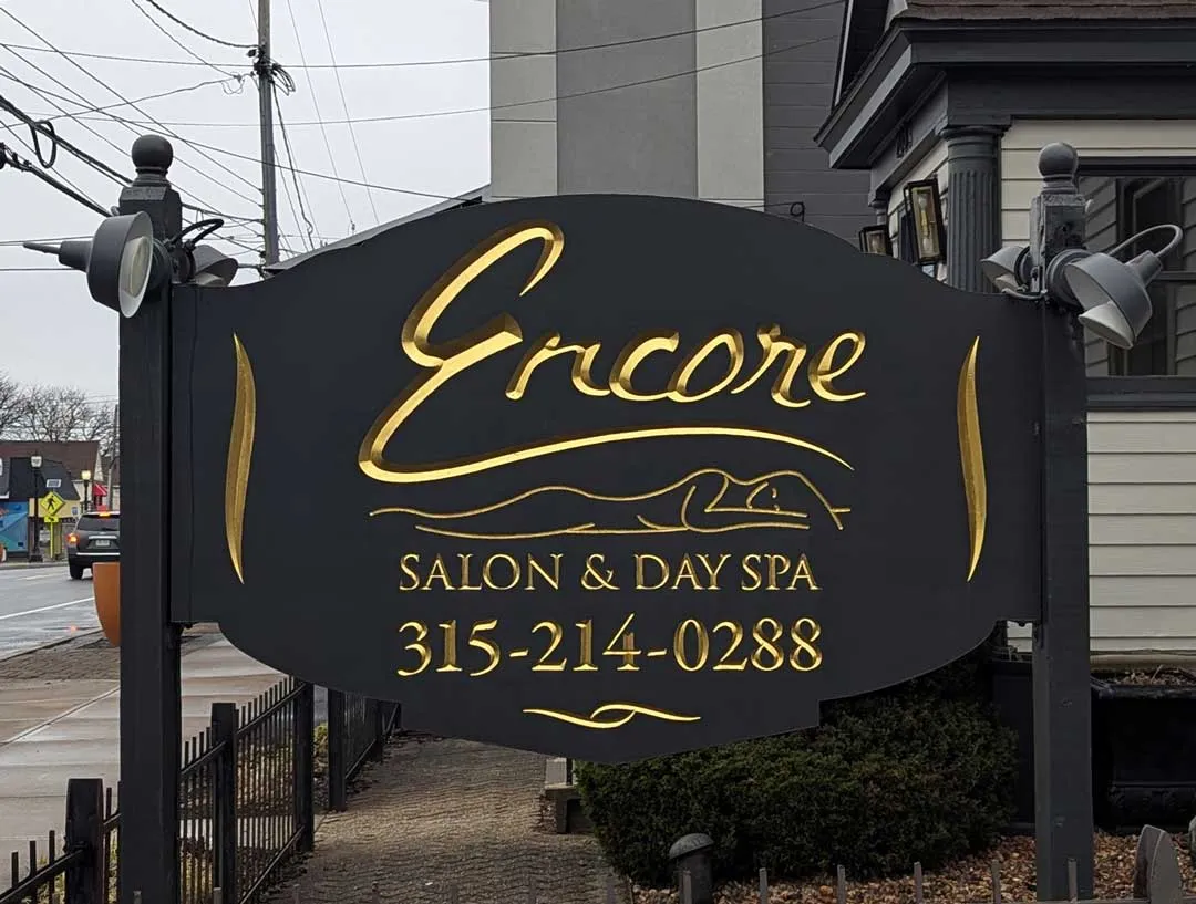 Carved post and panel sign for Encore Salon & Day Spa