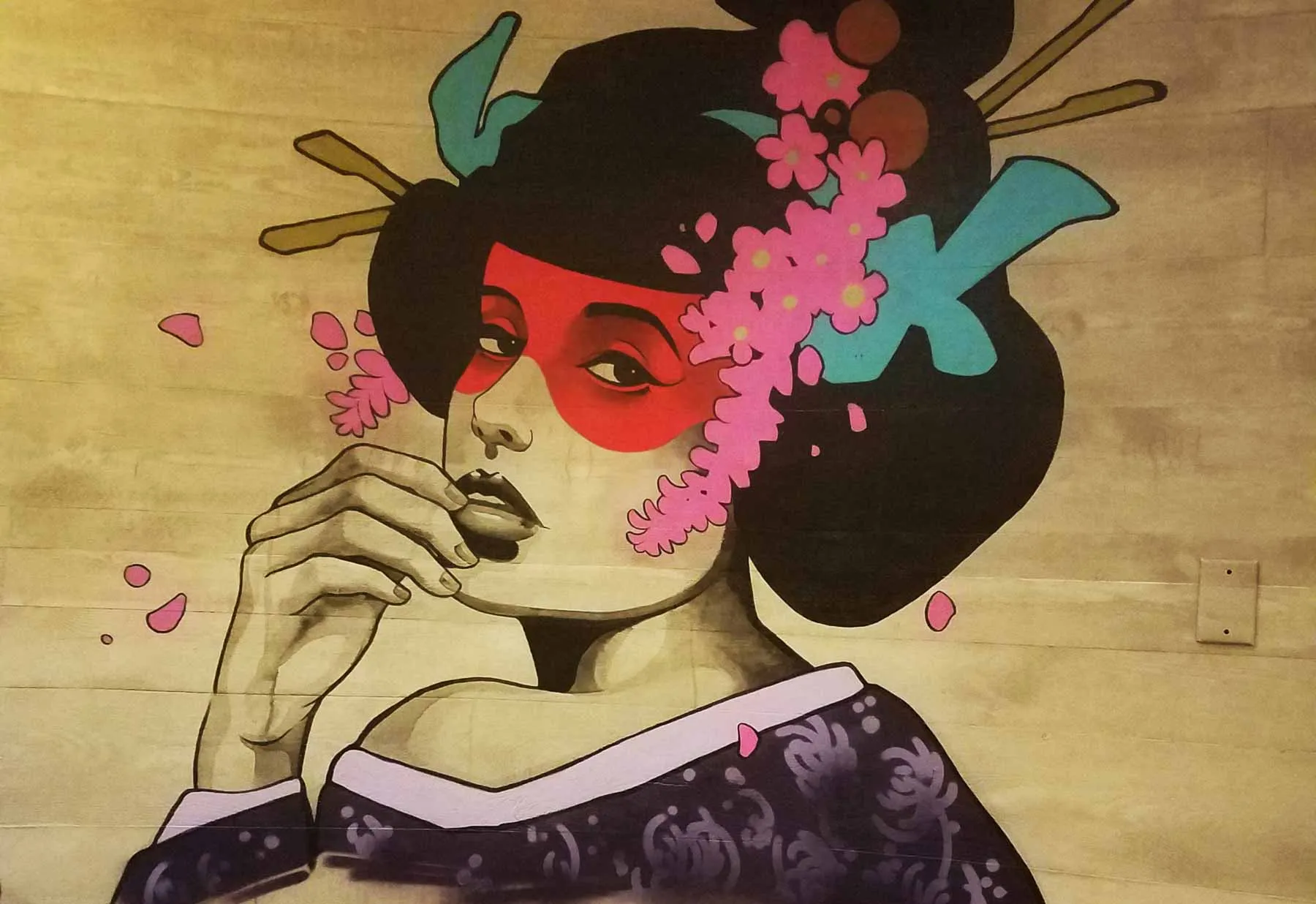 Painted wall mural, woman with flowers