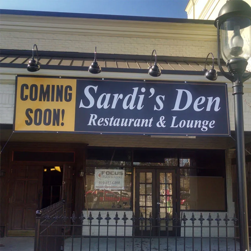 Coming Soon banner on storefront for Sardi's Den